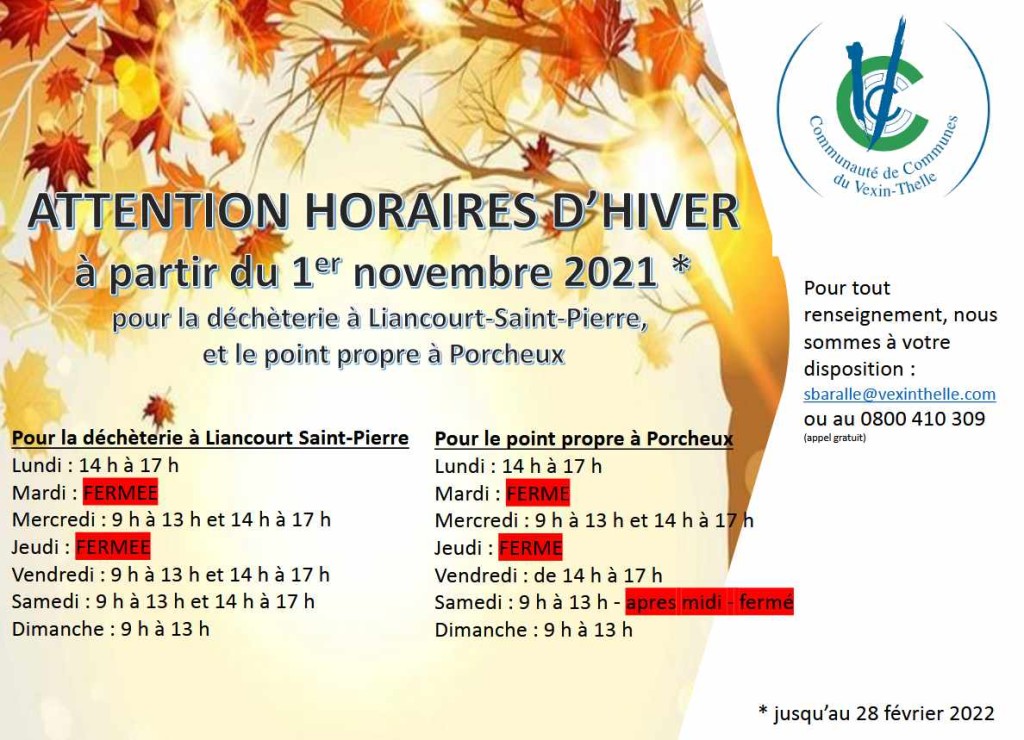 déchèterie horaires hiver 21