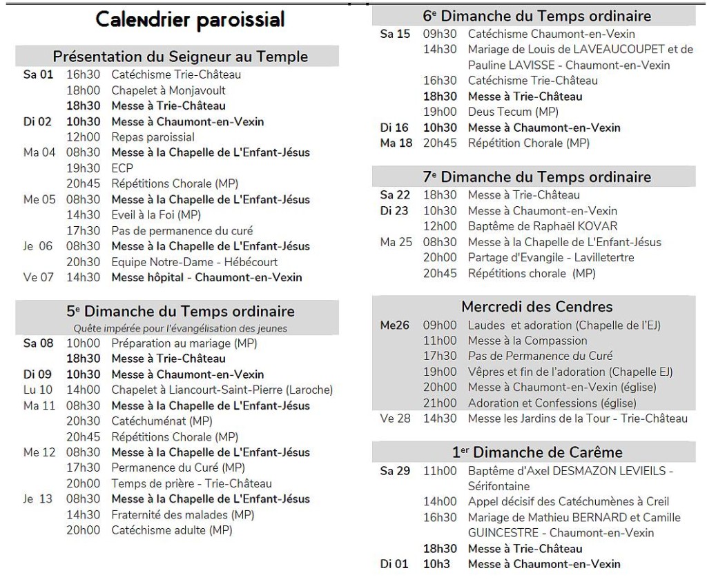 calendrier messes fev2020